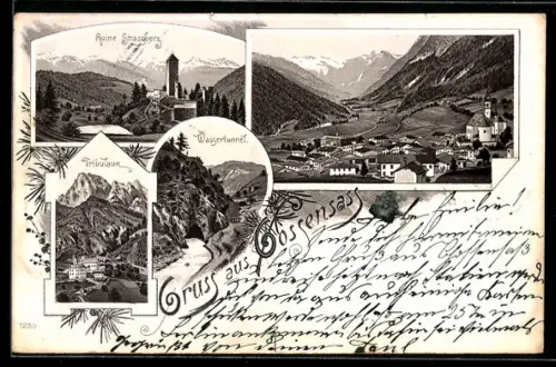 Lithographie Gossensass, Ruine Strassberg, Tribulaun, Wassertunnel, Ortsansicht im Tal