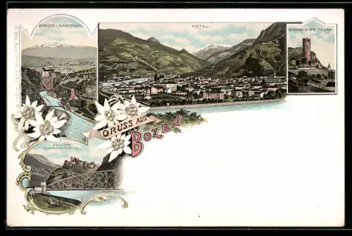 Lithographie Bozen, Schloss Sigmundskron, Burgen i. Sarntal, Gescheibter Turm