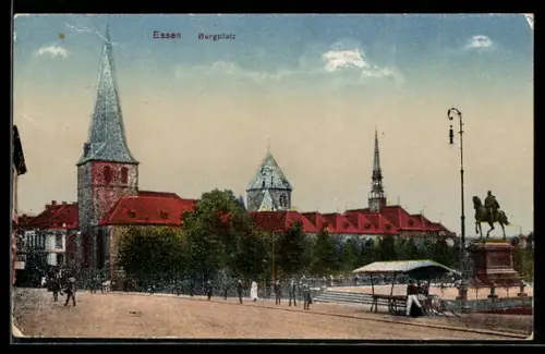 AK Essen, Burgplatz, Kirche, Reiterstandbild