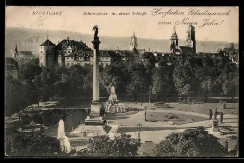 AK Stuttgart, Schlossplatz mit altem Schloss