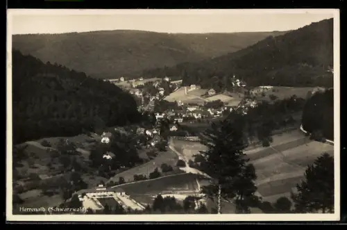 AK Herrenalb /Schwarzwald, Ortsansicht im Tal mit umliegenden Wäldern und Gebäuden