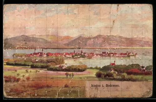 AK Lindau i. Bodensee, Ortsansicht mit See und Bergpanorama