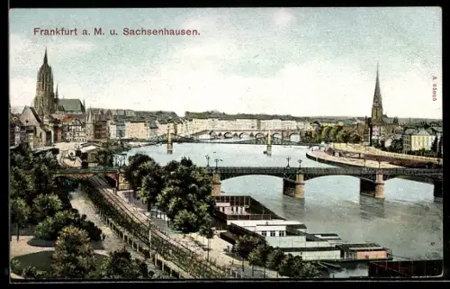 AK Frankfurt a. M.-Sachsenhausen, Mainbrücke, Dom, Ortspanorama