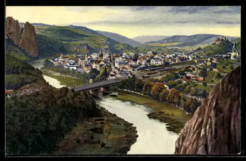 AK Münster a. St., Stadtansicht mit Brücke und Fluss