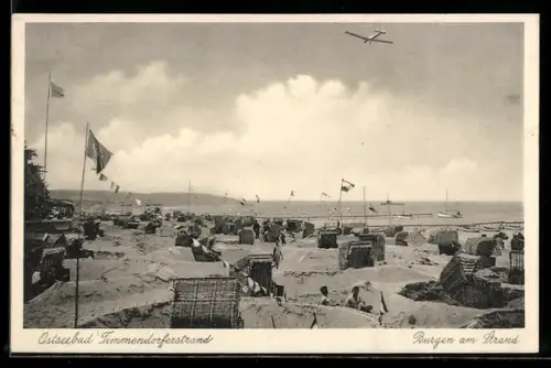 AK Timmendorferstrand, Strand mit Strandkörben und Flugzeug, Rügen am Strand
