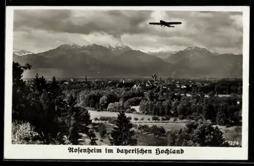 AK Rosenheim im bayerischen Hochland, Stadtansicht, Alpenpanorama, Flugzeug
