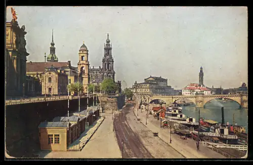 AK Dresden, Landungsplatz, Brühlsche Terrasse, Friedrich August-Brücke, Hofkirche, Opernhaus