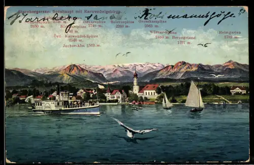 AK Seeshaupt /Starnberger See, Dampfer, Kirche, Karwendelgebirge