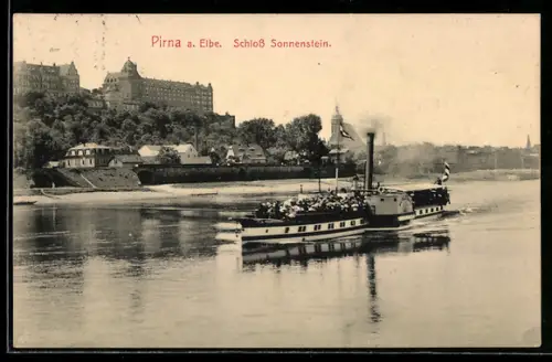 AK Pirna a. Elbe, Schloss Sonnenstein, Dampfschiff auf der Elbe