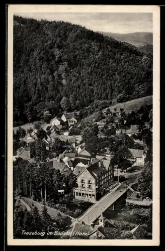 AK Treseburg im Bodetal, Ortsansicht mit Brücke und Gasthaus
