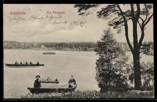 AK Grünheide, Am Peetzsee, Ruderboote und Ausflügler am Seeufer