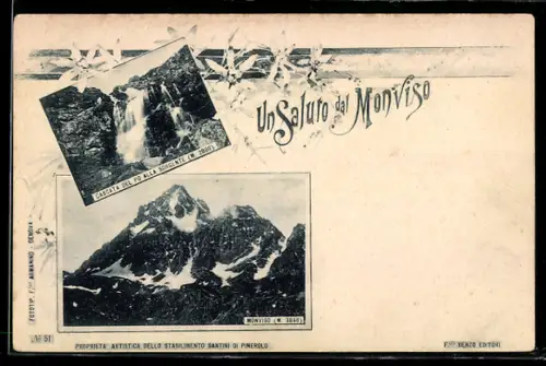 AK Monviso, Un Saluto dal Monviso con Cascata del Po e vista della montagna innevata