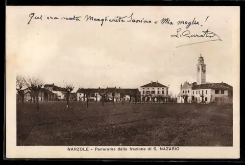 AK Narzole, San Nazario, Panorama della frazione con campanile e edifici storici