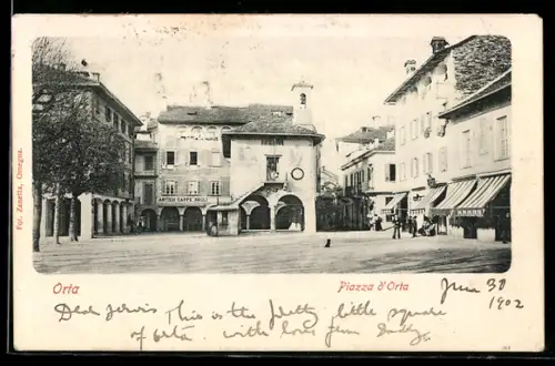 AK Orta, Piazza d`Orta con edifici storici e caffè
