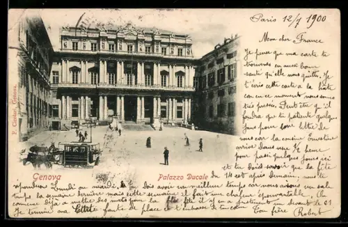 AK Genova, Palazzo Ducale con tram e persone nella piazza