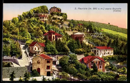 AK Brunate, San Maurizio sopra Brunate, Vista di S. Maurizio con edifici e vegetazione
