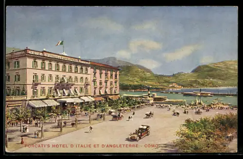 Künstler-AK Como, Forcati`s Hotel d`Italie et d`Angleterre e il porto con carrozze e auto d`epoca
