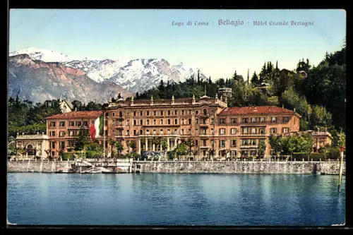 AK Bellagio /Lago di Como, Hôtel Grande Bretagne sul Lago di Como con sfondo di montagne innevate