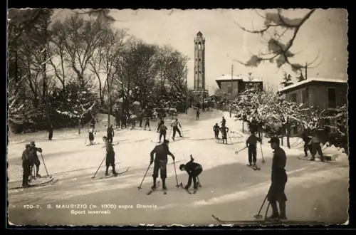 AK Brunate, San Maurizio sopra Brunate, Sport invernali con sciatori e torre sullo sfondo innevato