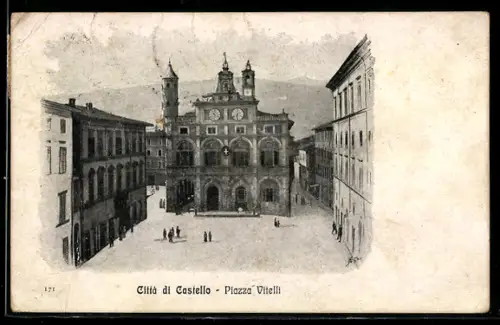 AK Città di Castello, Piazza Vitelli con edifici storici e persone sulla piazza