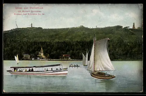 AK Berlin-Köpenick, Marienlust, Dampfer, Segelboote, Ausflugslokal