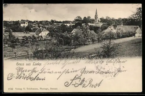 AK Lanke, Ortsansicht mit Kirche und Wohnhäusern