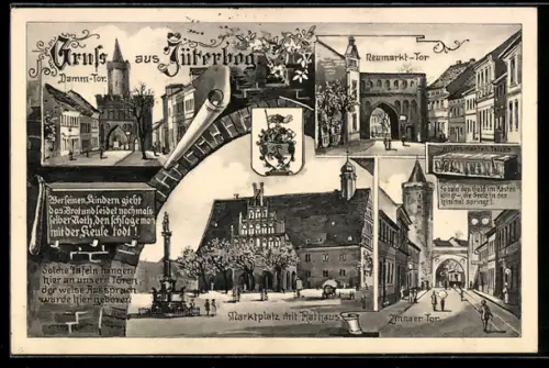Lithographie Jüterbog, Marktplatz mit Rathaus, Dammtor, Neumarkt-Tor, Anhalter Tor