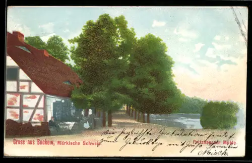 Lithographie Buckow /Märkische Schweiz, Pritzhagener Mühle, Fachwerkhaus, Allee, See