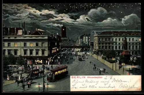 AK Berlin, Alexanderplatz, Strassenbahn, Nachtansicht