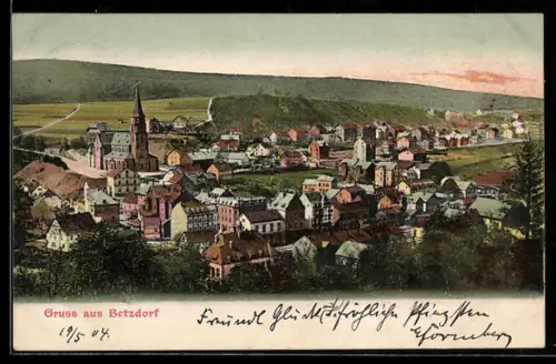 AK Betzdorf, Ortsansicht mit Kirche und Wohnhäusern