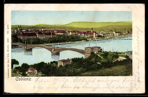 Goldfenster-AK Coblenz, Brücke über den Rhein, Ortspanorama