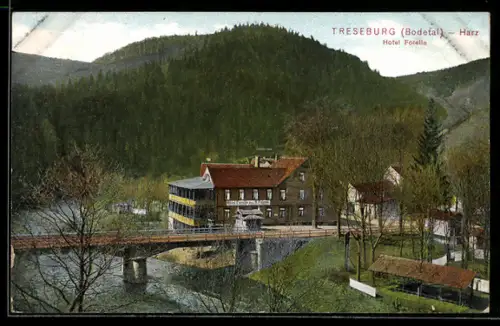 AK Treseburg /Bodetal, Hotel Forelle, Brücke, Flusslandschaft