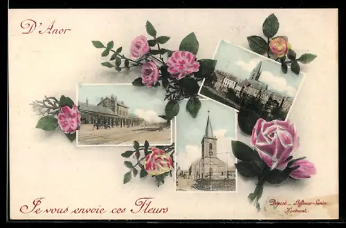 AK Anor, La Gare et l`Église, Fleurs