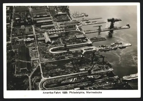 Fotografie unbekannter Fotograf und Ort, Amerika-Fahrt 1928, Philadelphia, Marinedocks vom Zeppelin aus