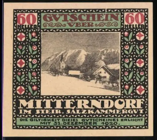 Notgeld Mitterndorf im Steir. Salzkammergut 1920, 60 Heller, Winterliche Berglandschaft