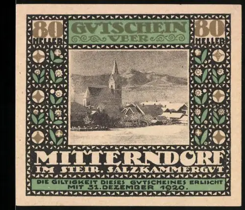 Notgeld Mitterndorf im Steir. Salzkammergut 1920, 80 Heller, Winterlandschaft mit Kirche und Bergen