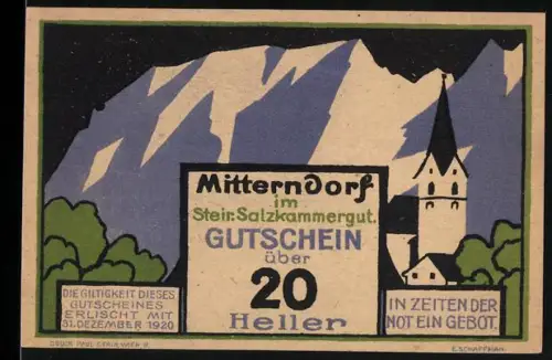 Notgeld Mitterndorf im Steir. Salzkammergut 1920, 20 Heller, Berglandschaft und Kirche