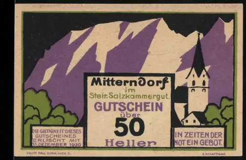 Notgeld Mitterndorf im Steir. Salzkammergut 1920, 50 Heller, Kirche vor Berglandschaft