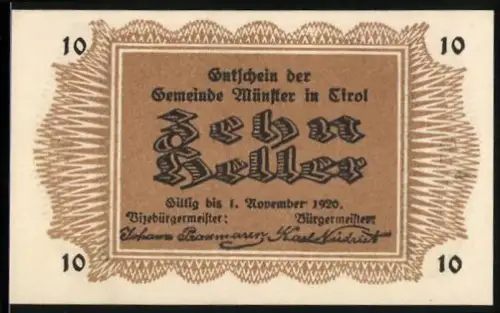 Notgeld Münster in Tirol 1920, 10 Heller, Berglandschaft und Ortsansicht