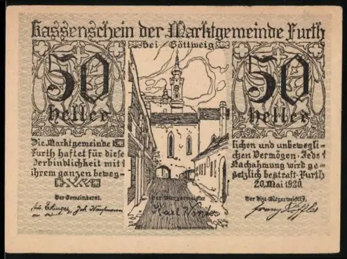 Notgeld Furth bei Göttweig 1920, 50 Heller, Ortsansicht mit Kirche und Signaturen