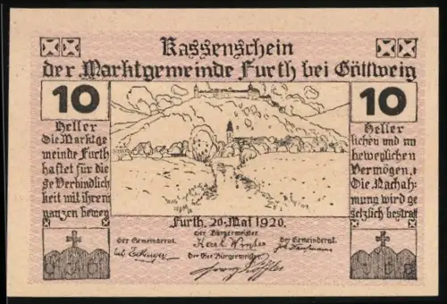 Notgeld Furth bei Göttweig 1920, 10 Heller, Landschaft mit Kirche und Schloss auf Berg