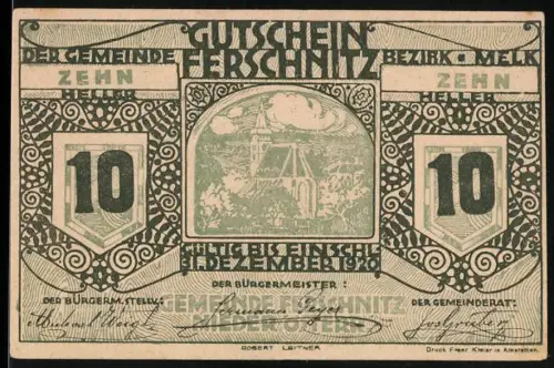 Notgeld Ferschnitz /Melk 1920, 10 Heller, Landschaft mit Kirche und Ornamenten
