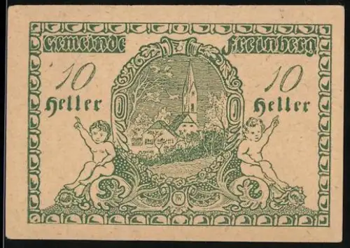 Notgeld Freinberg 1920, 10 Heller, Ortsansicht mit Kirche und Putti-Motiven