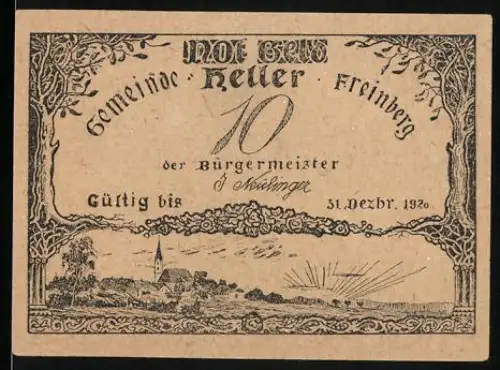 Notgeld Freinberg 1920, 10 Heller, Landschaft mit Kirche und zwei Putten