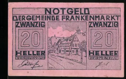 Notgeld Frankenmarkt 1920, 20 Heller, Ortsansicht mit Gebäuden und Landschaft