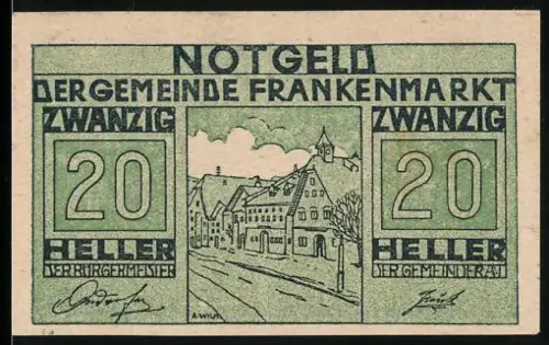 Notgeld Frankenmarkt 1920, 20 Heller, Strassenpartie mit Wohnhäusern