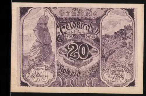 Notgeld Feldkirchen a. d. D. 1921, 20 Heller, Felsformation und Ansicht vom Landgut Bergheim