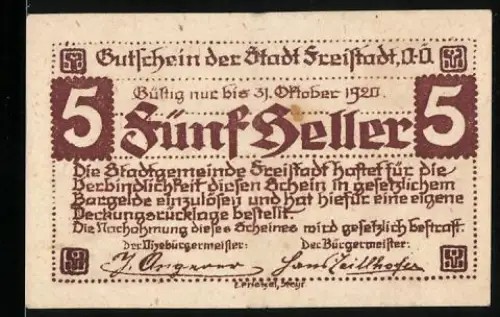 Notgeld Freistadt /O.-Ö. 1920, 5 Heller, Stadttor und Wappen mit Burgansicht