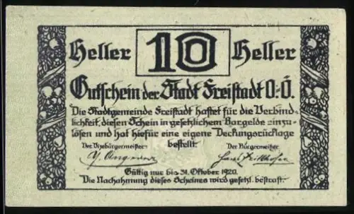 Notgeld Freistadt /O.-Ö. 1920, 10 Heller, Ortsansicht mit Turm und Ornamenten