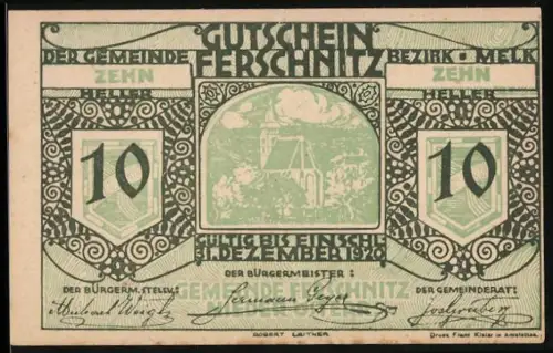 Notgeld Ferschnitz /Melk 1920, 10 Heller, Kirche und dekoratives Muster